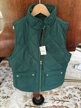 J. Crew Dark Green Quilted Puffer Vest with Gold Hardware